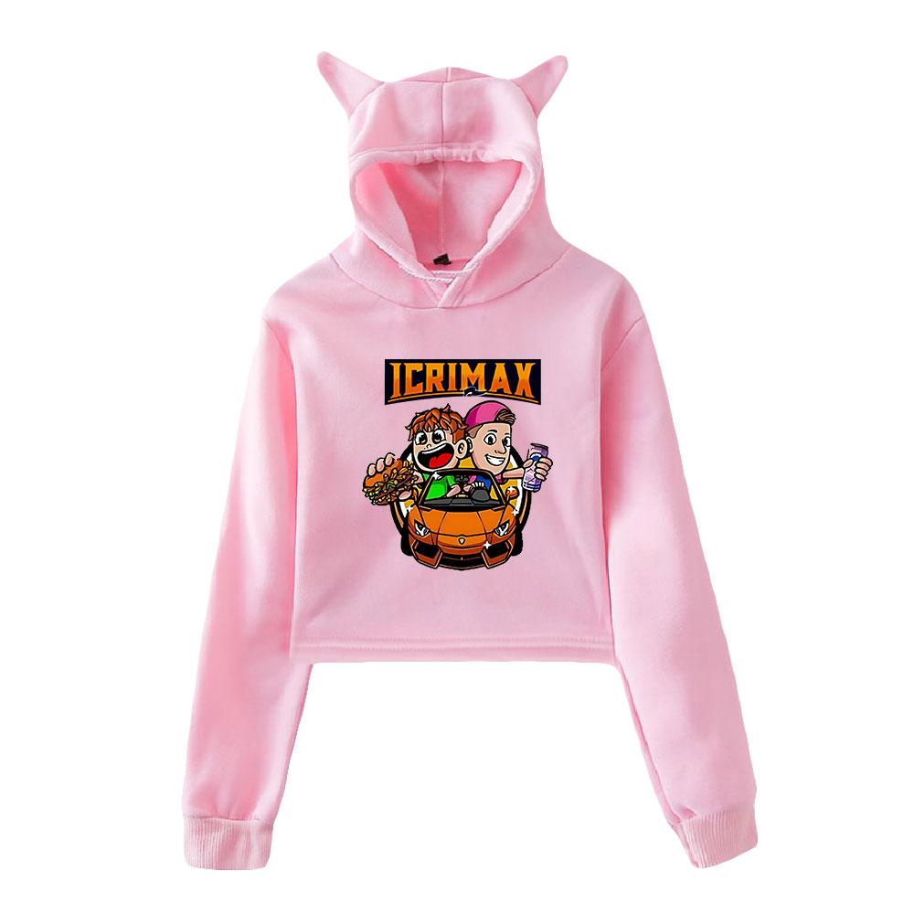 Korean Fashion Icrimax Print Kawaii Crop Top Hoodie Funny Cat Ear Cropped Short Sweatshirt Hooded Pullover Women Tops Streetwear
