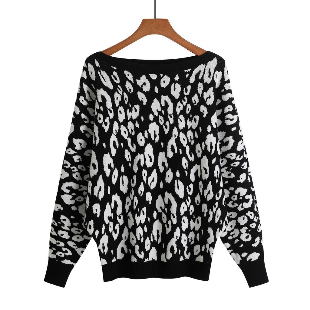 2022 Popular Women's One-Neck Heavy Industry Leopard Print Jacquard Fattened Batman Pullover Sweater
