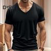Herren Sommer T-Shirt Kurzarm V-Ausschnitt Einfarbig Schnelltrocknend Locker Pullover Mittellanges Oberteil für Sport Büro Dating
