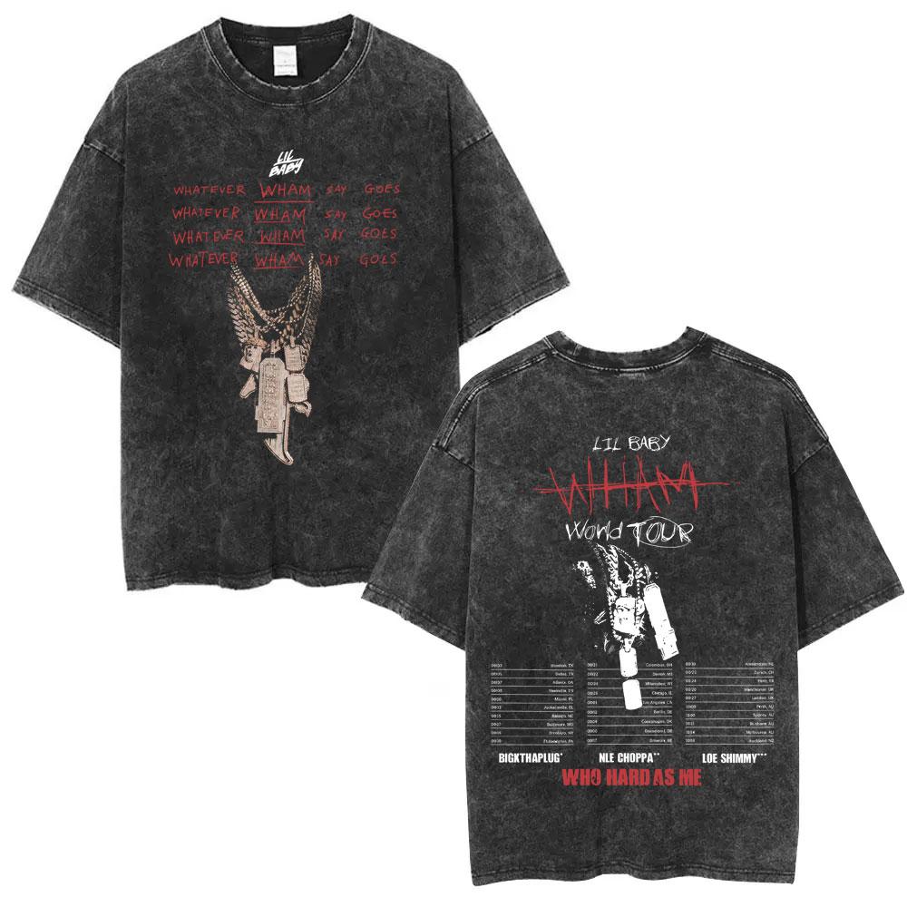 Rapper Lil Baby Wham World Tour Vintage Washed Tshirt Men Women Fashion Casual Retro Tshirt Hip Hop Oversized T Shirts S