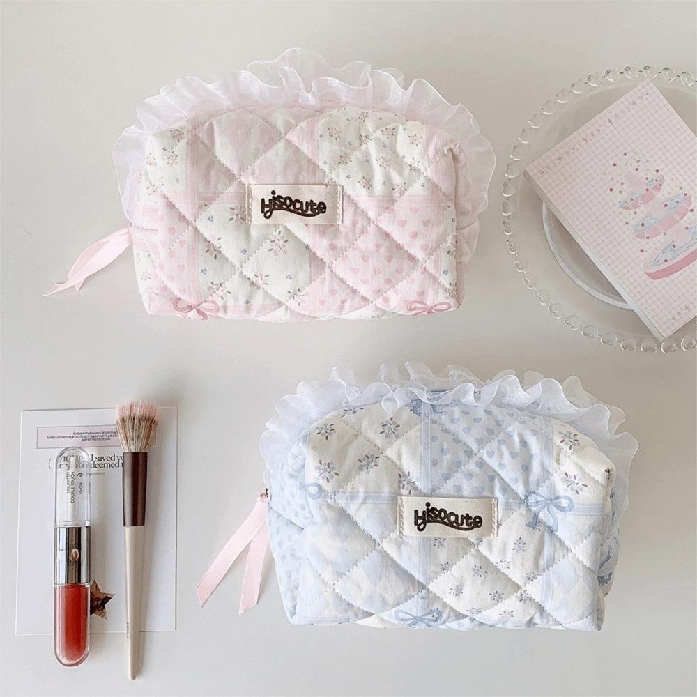 Quilted Makeup Bag Lace Bow Zipper Ruffles Pen Bag Sweet Toiletry Case for Women Girls