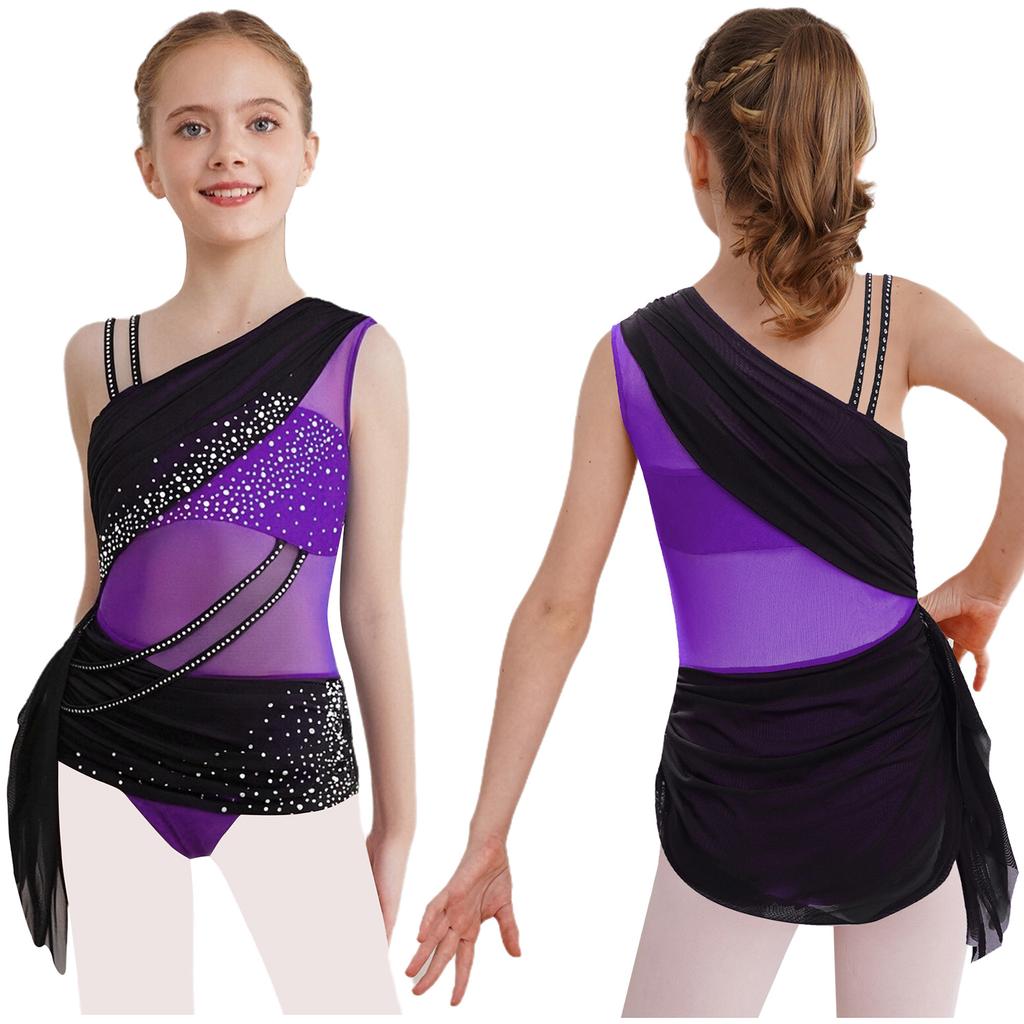 Girls Lyrical Dance Dress Color Block Design Sheer Mesh Ruched Overlay Asymmetrical Glittery Rhinestones Dress