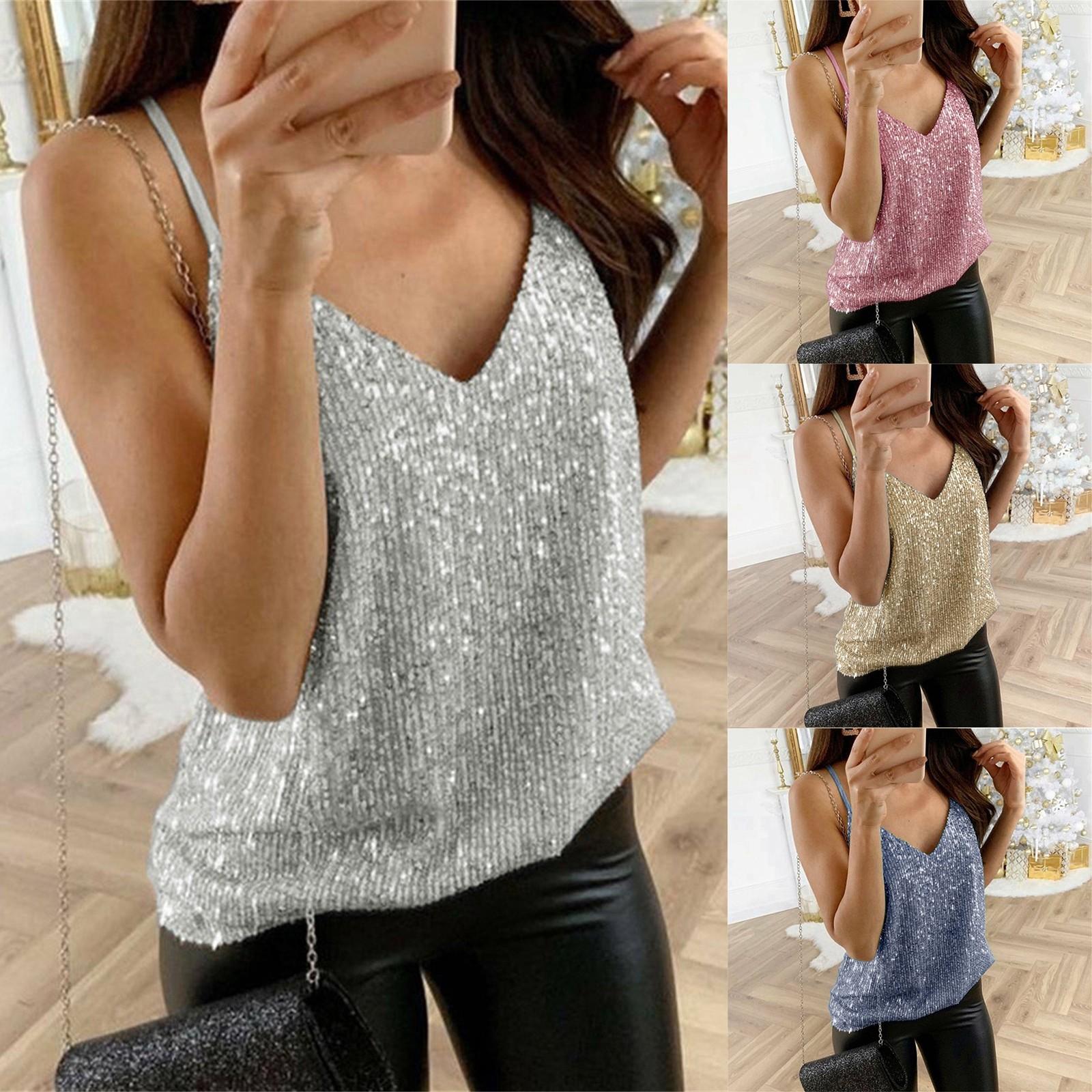 

Fashion Womens Glitter Strappy Tank Tops Women Sexy Swing Vest XXXXL золотий