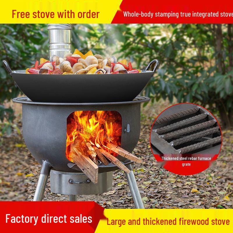 Thickened Integrated Firewood Stove for Outdoor & Rural Home Use: Portable Iron Pot & Extra Heat.