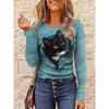 3D Cat Printed T-shirts Fashionable Casual Long Sleeved Women's T-shirts - Soft Medium Stretch Polyester Fabric Spring and Autumn Relaxed Fit Clothing