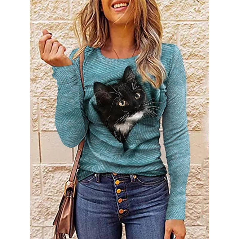 3D Cat Printed T-shirts Fashionable Casual Long Sleeved Women's T-shirts - Soft Medium Stretch Polyester Fabric Spring and Autumn Relaxed Fit Clothing