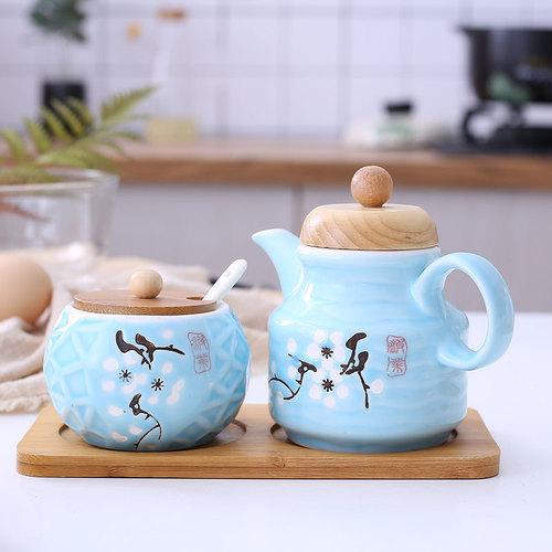 Ceramics Can Leakproof Tank Seasoning Bottle Kitchen Supplies Household Soy Sauce Bottle Vinegar Bottle Set Salt Shaker with Lid