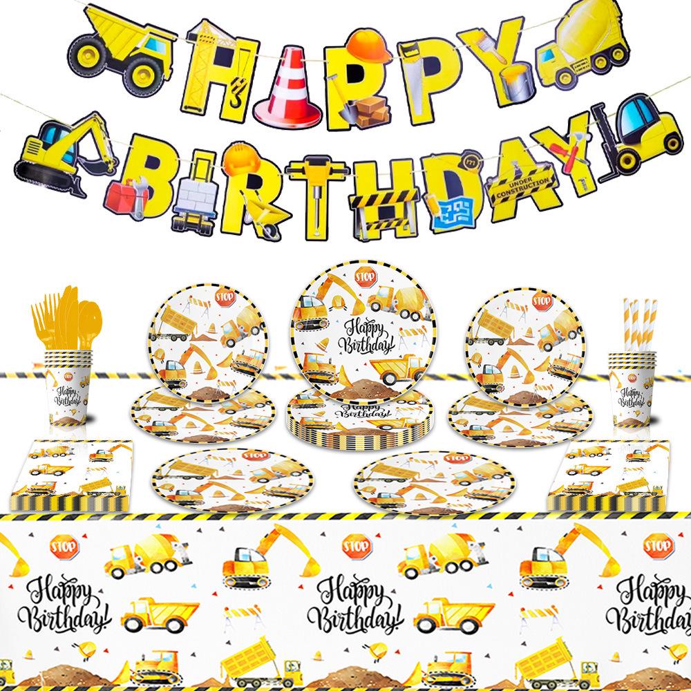 Yellow Excavator Kids Birthday Party Tableware Set: Plates, Cups, Napkins, Balloons