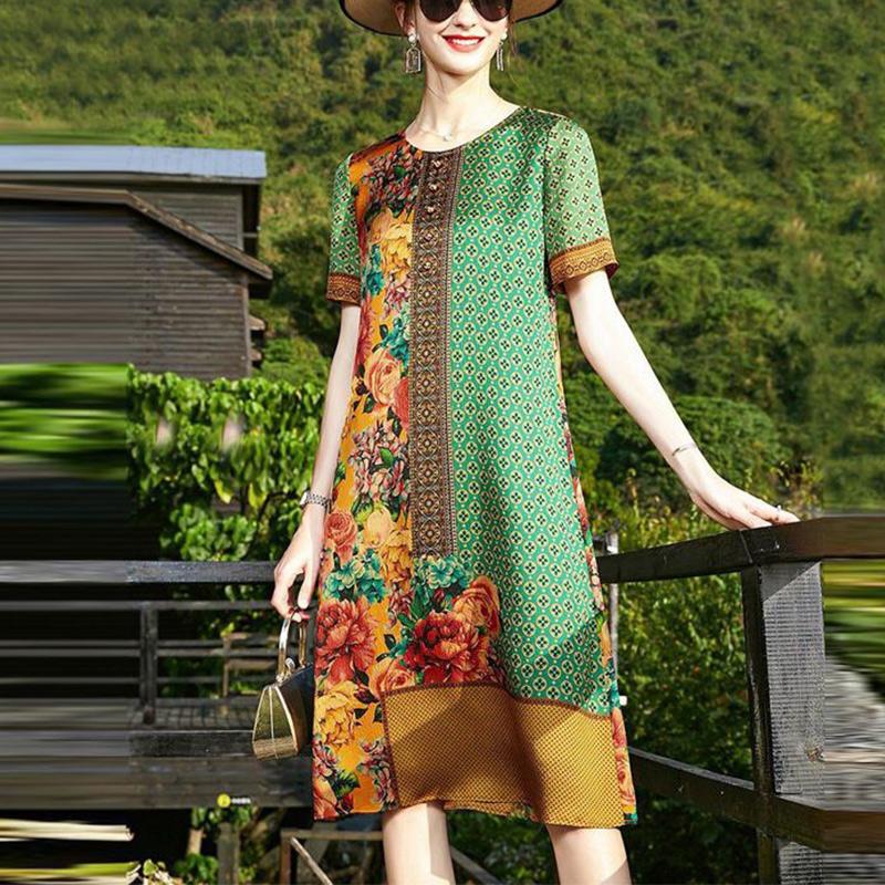 Summer Elegant Fashion Printing Dress Ladies Short Sleeve Loose Casual Midi Robe Women's Round Neck Temperament Vestidos