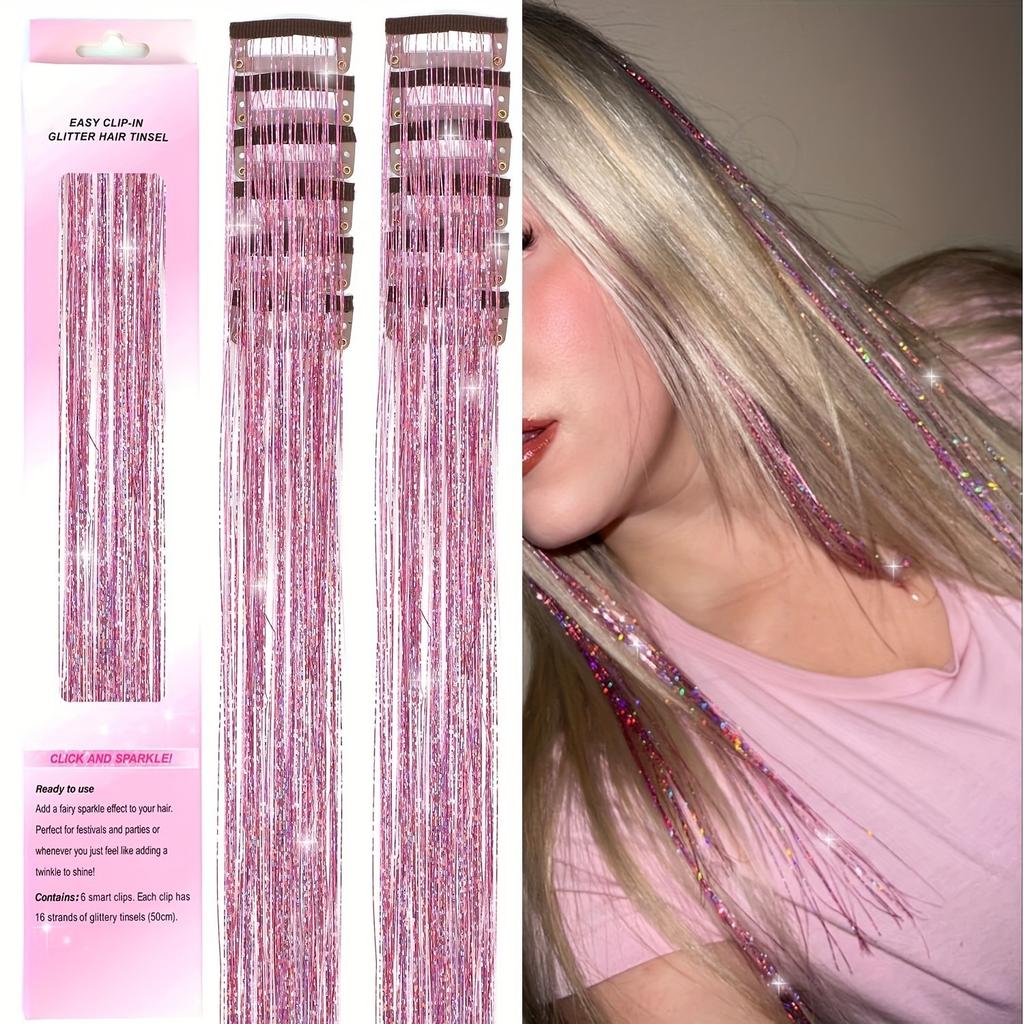 12pcs Clip-in Hair Extensions – Holographic Rainbow Straight Hair Pieces with Gold Thread, Heatless Colorful Highlights for Festival & Party