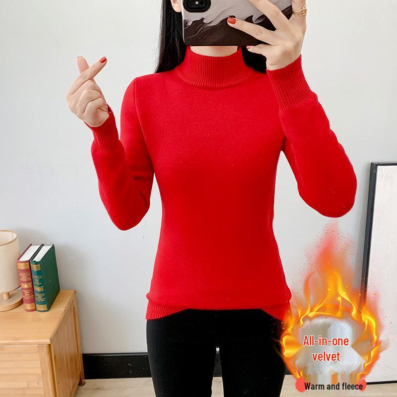 Women's 2025 Autumn/Winter Half-High Collar Velvet Knit Sweater - Thick, Warm Base Layer Fleece Pullover