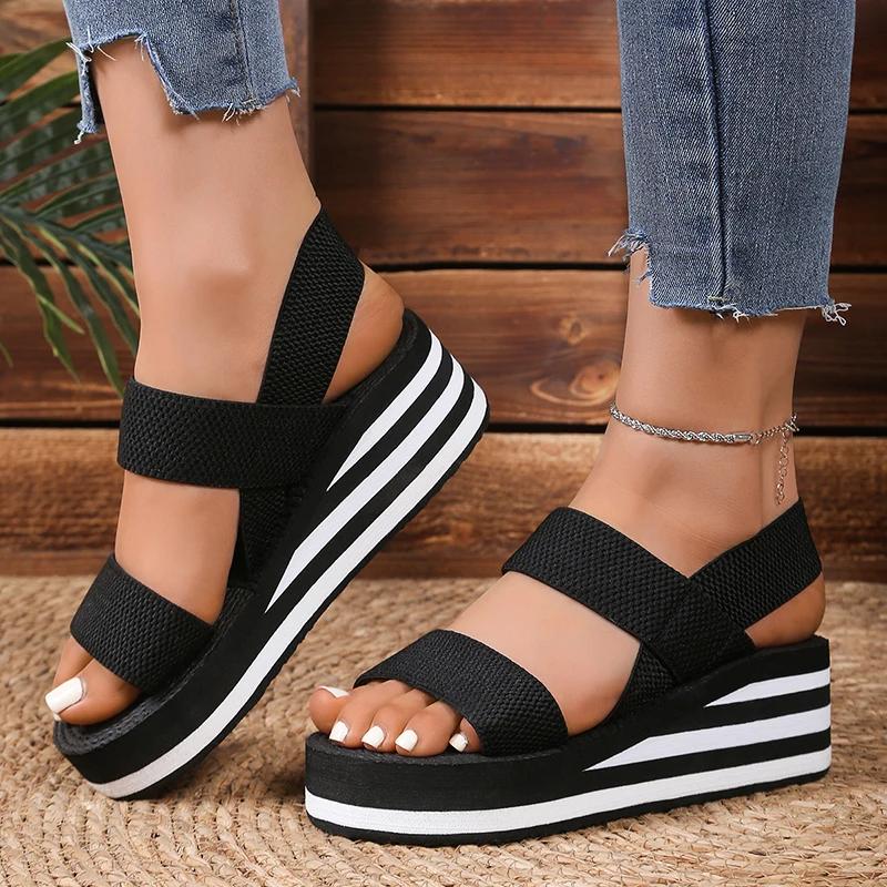 Fashion Striped Thick Sole Wedge Sandals Women Elastic Band Lightweight Platform Sandals Woman Summer 2025 Comfort Non Slip Beach Shoes