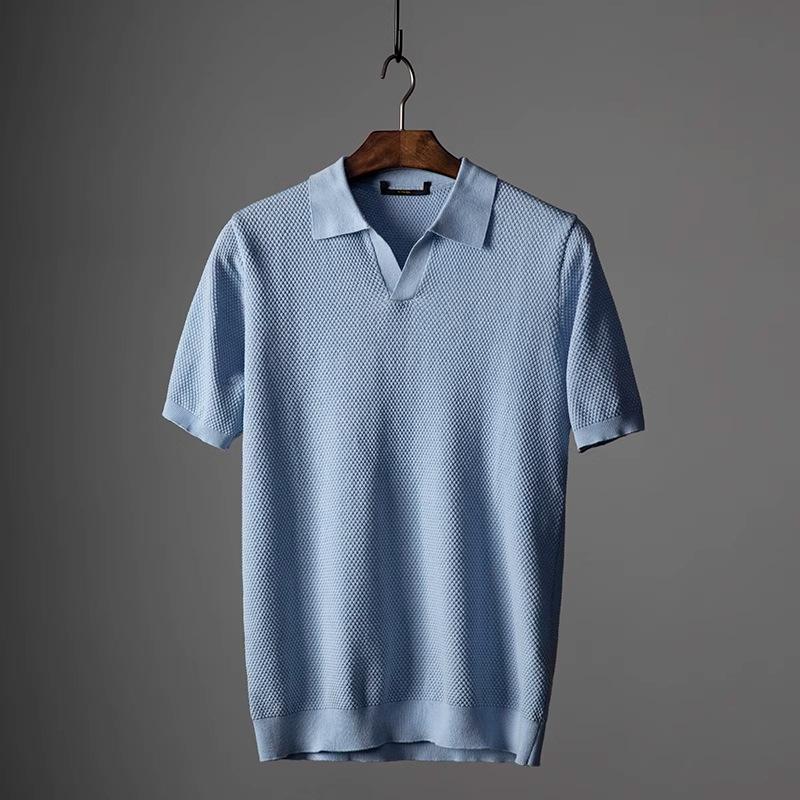 Men Short Sleeve Knit Polo Shirt Honeycomb Texture Casual V-Neck Top