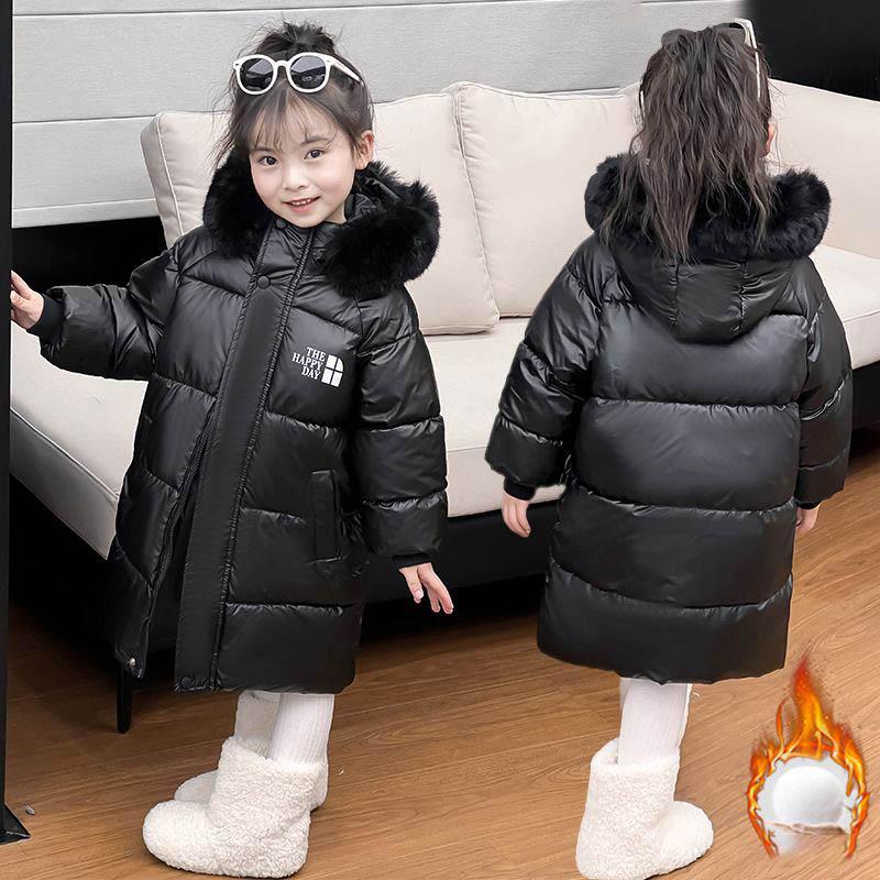 

Парки для девочек 4-10 лет, зимнее пальто, модное, с большим меховым воротником, с капюшоном, с принтом букв, длинное, детская верхняя одежда, куртки 110 чёрный