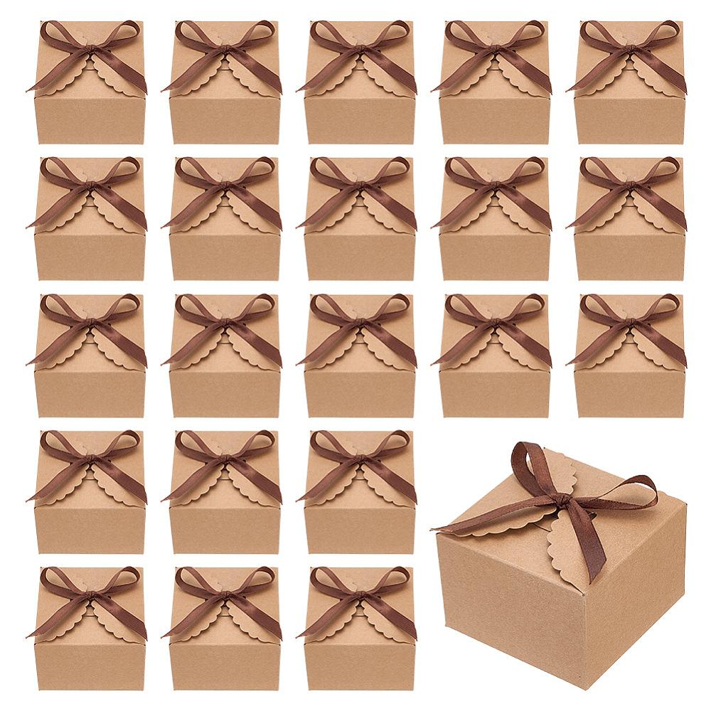 30sets Folding Paper Gift Packing Boxes with Polyester Ribbon Square BurlyWood 9x9x6cm
