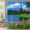 1Pc Extra Long Bathroom Curtain - Lakeside Cottage Bath Decor With Rustic Red Roof House, Wildflower Garden, Snowy Mountains