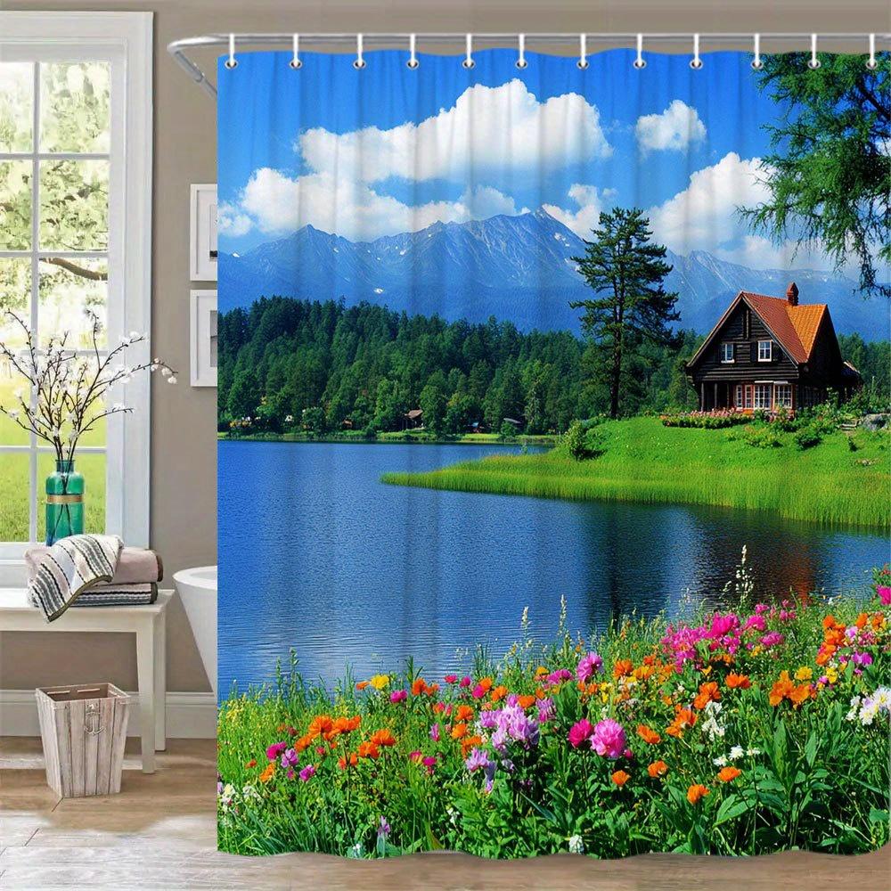 1Pc Extra Long Bathroom Curtain - Lakeside Cottage Bath Decor With Rustic Red Roof House, Wildflower Garden, Snowy Mountains