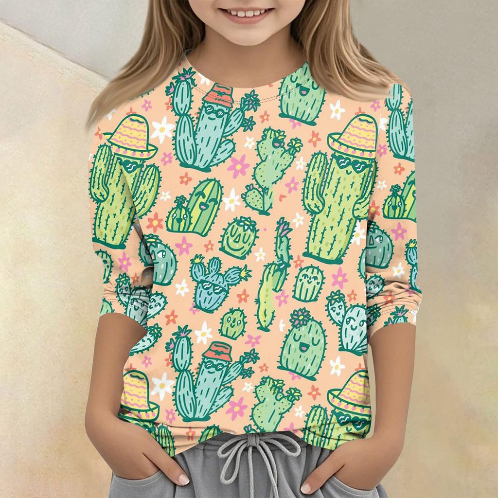 Children's Printed Round Neck Seven Quarter Sleeve Casual T-shirt
