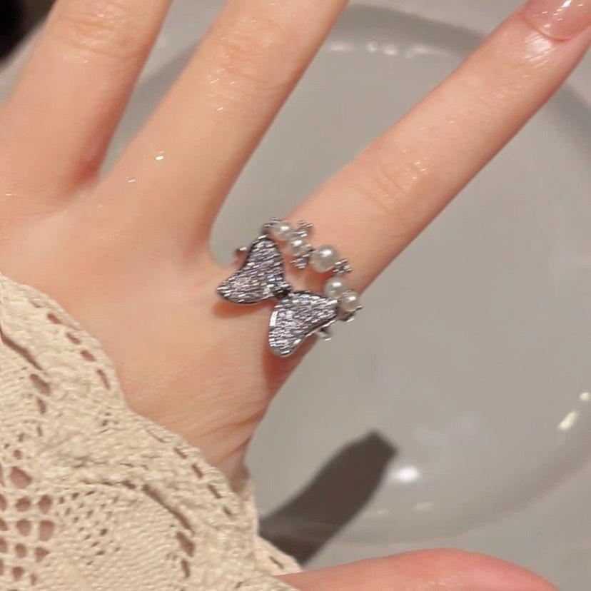 Light luxury fashion high sense pearl zircon copper ring women's design sense retro personality open index finger ring simple