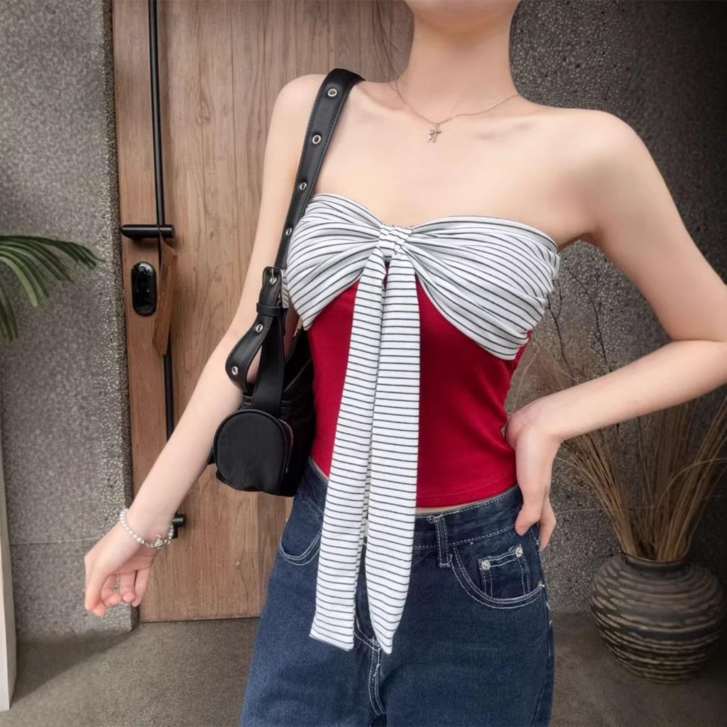 French retro design sense splicing straps tube top women's summer new slim and thin versatile top