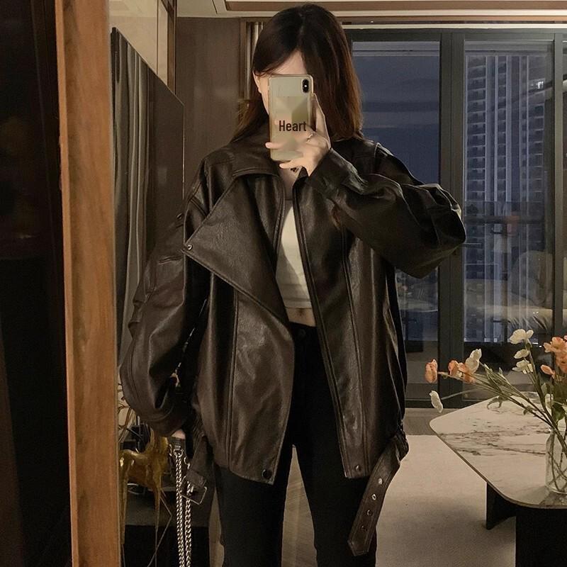 Melanoid Coffee PU Leather Long Sleeve Women's Jacket - 2025 Winter Collection, Versatile, Trendy, Loose Fit, Slimming Design