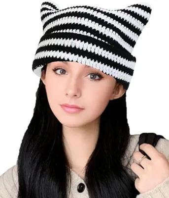 Autumn and Winter Warm Wool Cap Cute Cat Ears Striped Knit Cap Outdoor Thickening Cold Warm Cap Couple Versatile Hat