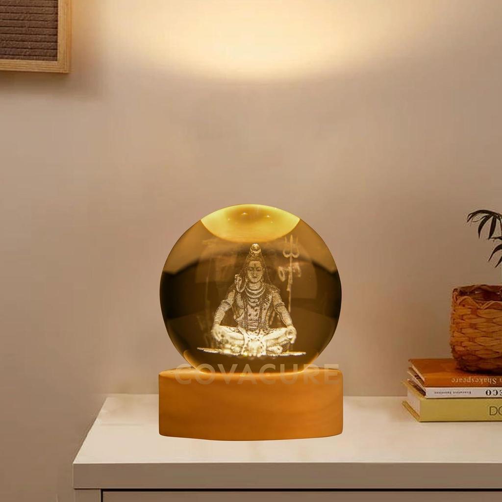 3D Shiv Crystal Ball Night Lamp, Solar System Shiv Idol Crystal Ball Night Light, USB Table Colorful LED Wooden Base Lamp for Home