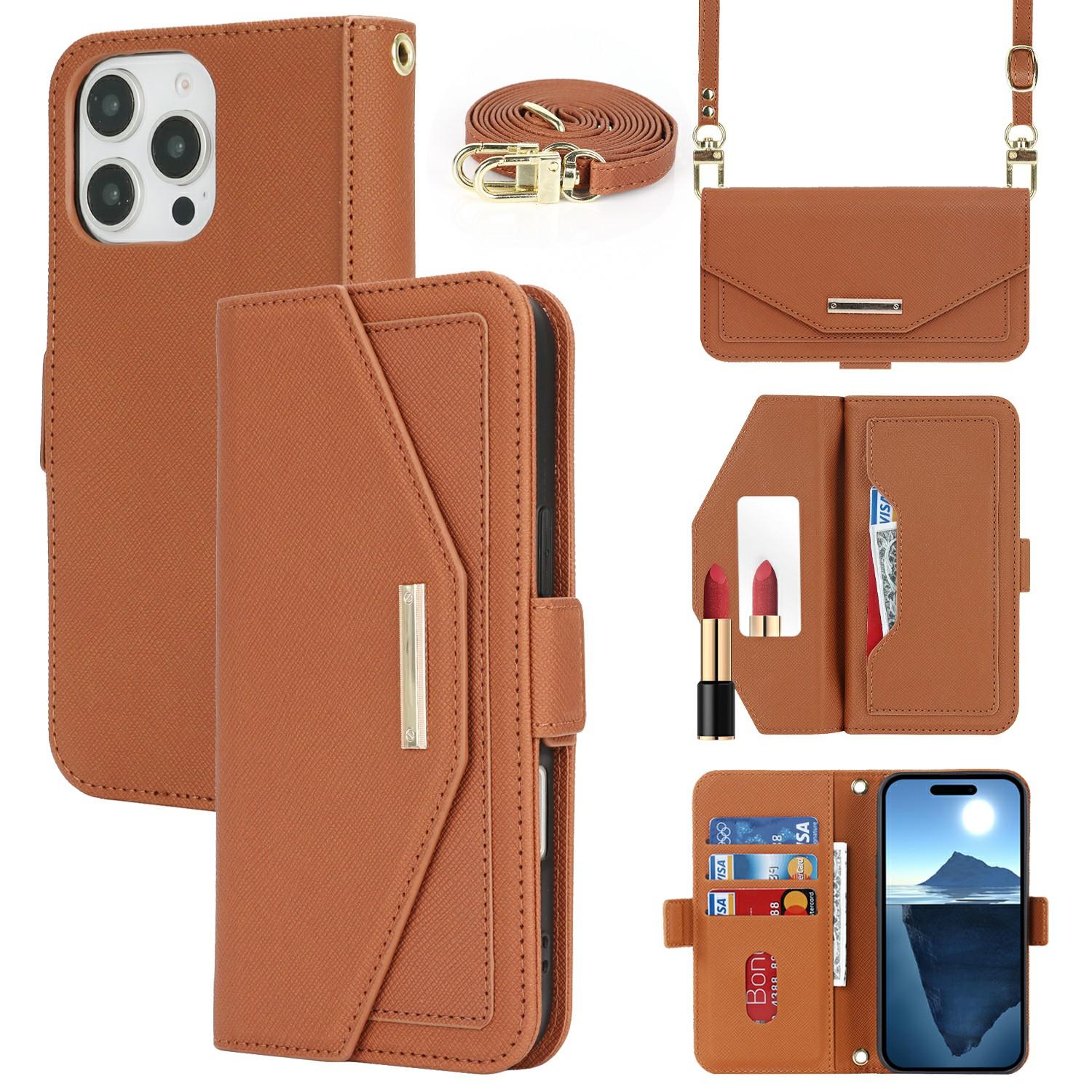 

For iPhone 16 Pro Max Stand Case Cross Texture PU Leather Wallet Phone Cover with Shoulder Strap/Makeup Mirror Brown