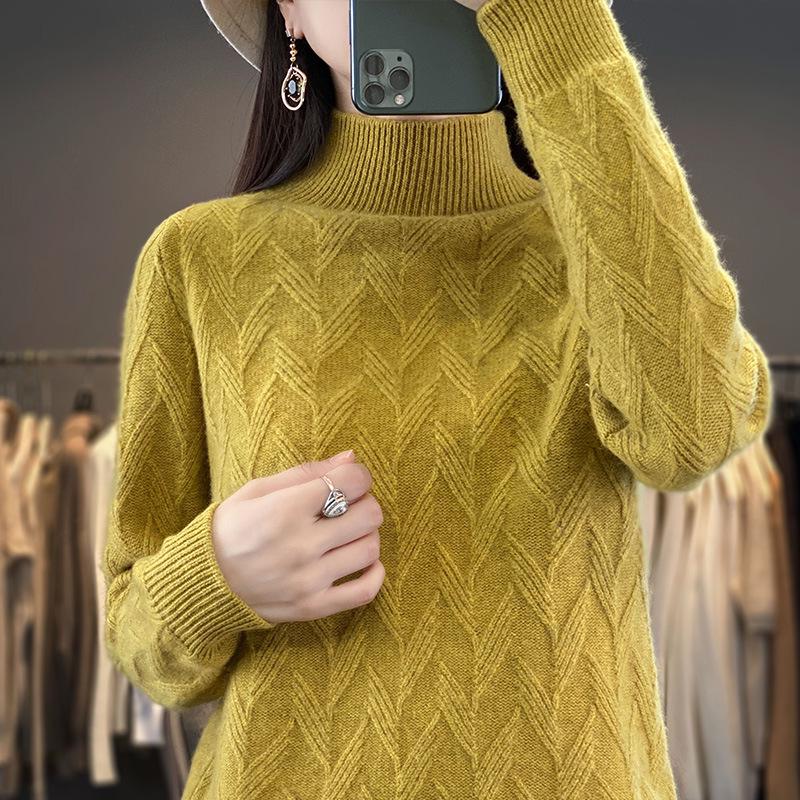 Women's Autumn & Winter Seven-Needle Jacquard Pullover Sweater - Half-High Collar, Thick Knit Base Layer