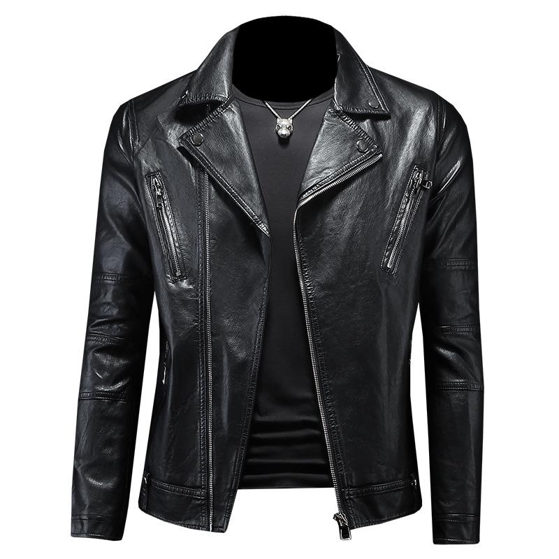 2024 autumn and winter new men's lapel locomotive leather jacket trendy fashion slim leather jacket jacket 7109