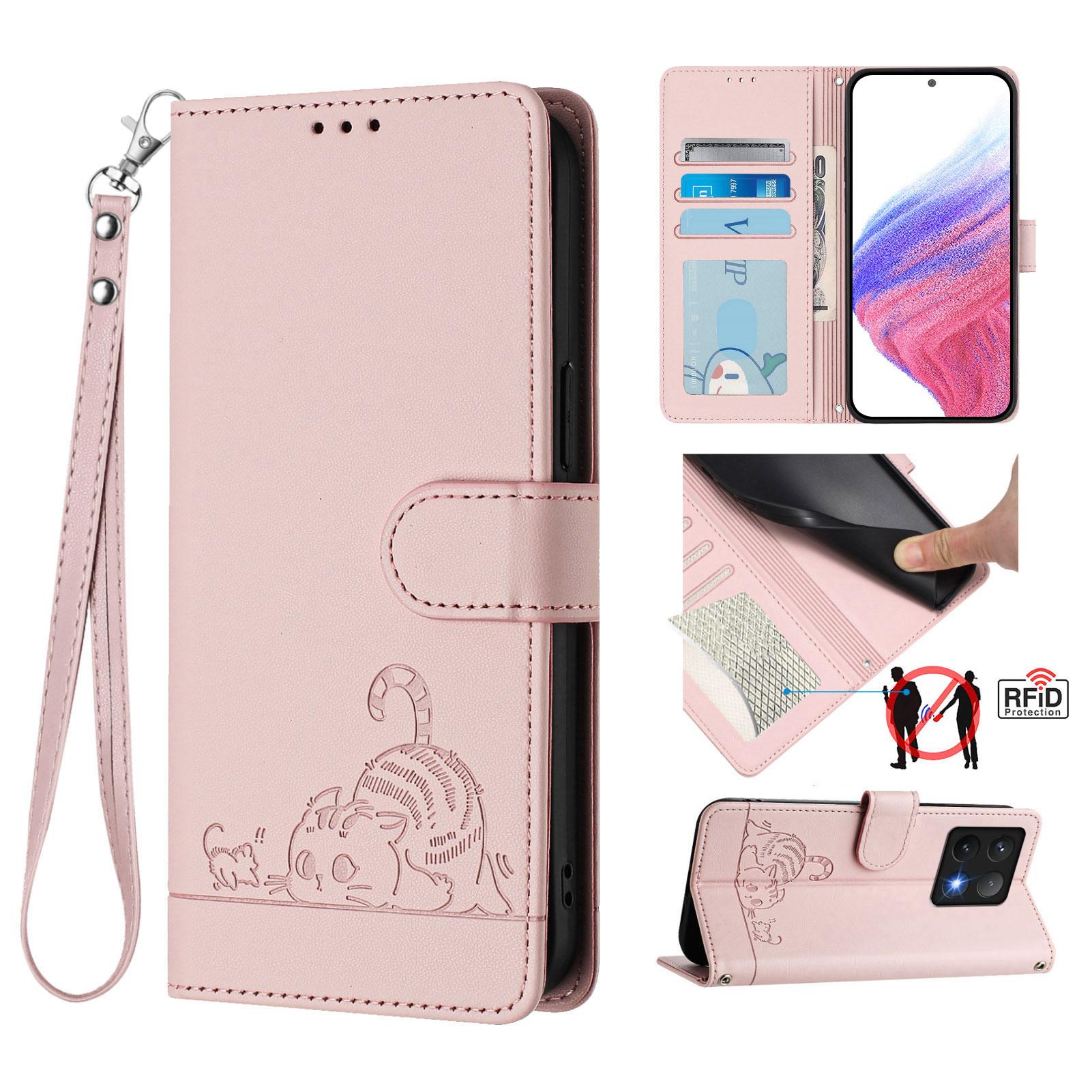 

For Xiaomi 14T Case with Strap RFID Blocking Leather Wallet Phone Cover Cat Mouse Pattern B
