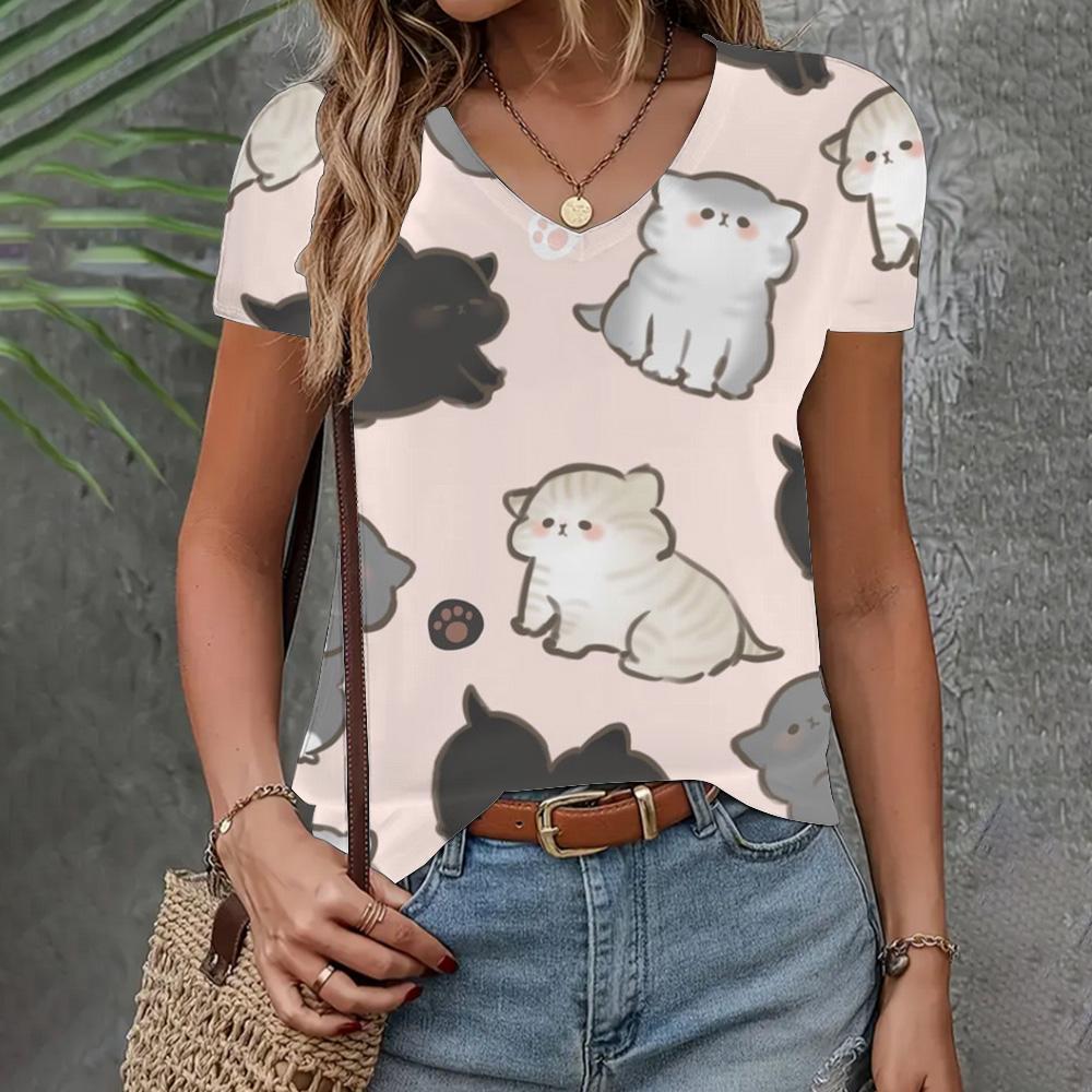 Summer New T-shirt Women's Clothing Loose Casual Short Sleeve Fashion Cat Print Top V-neck Elegant Clothing Women's T-shirt 2024