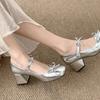 Fashion Comemore Spring Autumn Women Mary Jane Shoes Fashion Butterfly-knot Thick Heel Shallow Mouth Single Shoe Solid Square Head Pumps