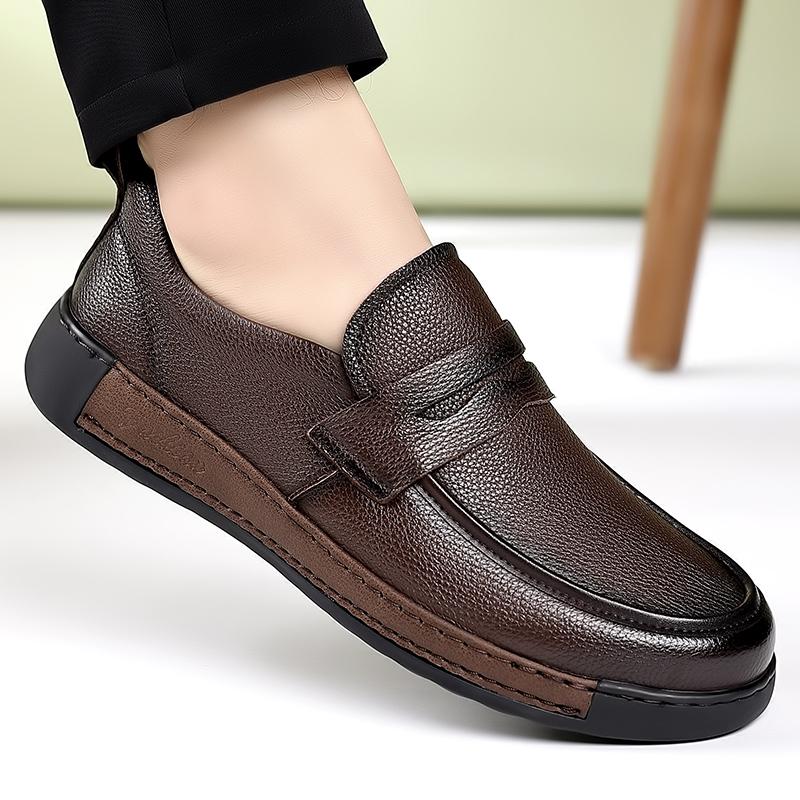 Classic Brand Men's Genuine Leather Shoes Thick Soles Comfortable Office Business Casual Shoes Versatile Brown Men's Loafers