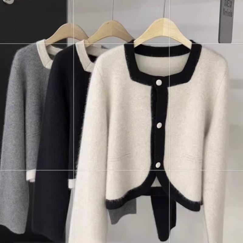 Contrast Color Square Neck Raccoon Velvet Knitted Cardigan Women's Autumn and Winter Short Cashmere Sweater Jacket Outside