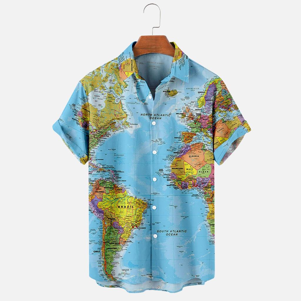 Breathable Quick Dry Short Sleeve Button Tops For Men, All Over Global Geographic Texture Relax Fit Vacation Travel Blouse