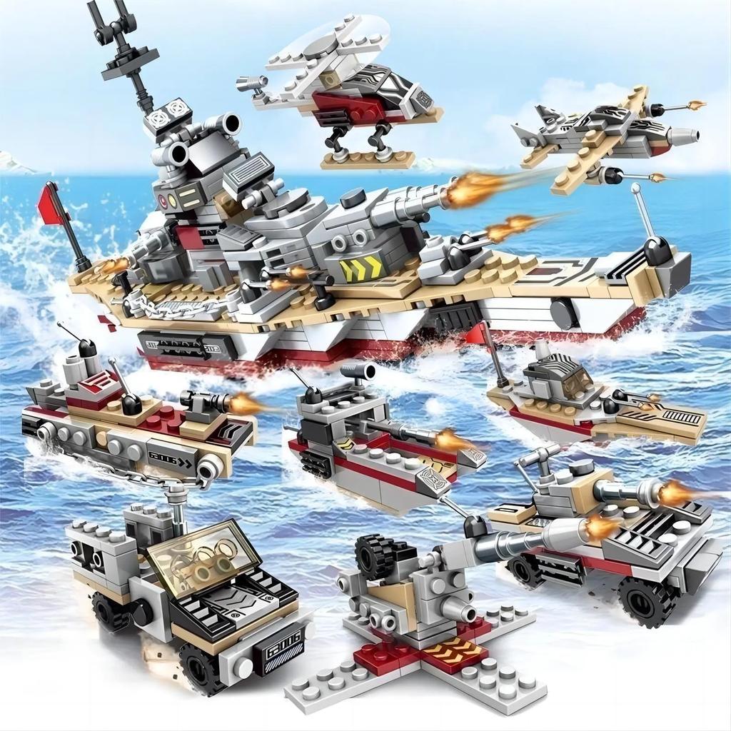 Navio Carro de Guerra Azul Marinho Exército Barco Avião Modelo Navios de Guerra Blocos de Montar Conjunto de Construção para Meninos Brinquedos de Tijolos Presentes de Natal