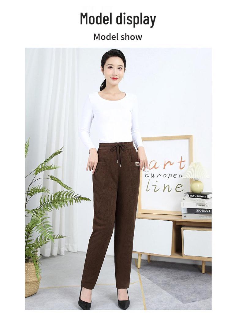 Mom's Winter Style High Waist Corduroy Cotton Pants for Middle-Aged and Elderly Women - Loose, Plus Velvet, Straight Leg