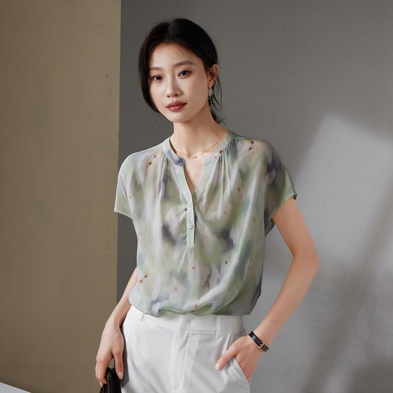 SOFSIL Women s Silk Printed V-Neck Short Sleeve Blouse XL
