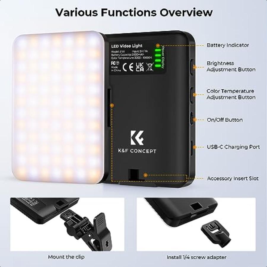 KF Concept LED Video Light Clip Fill Light with 4 Color Filter 2000mAh Rechargeable Conference Light CRI 95+ 3 Light Modes Port
