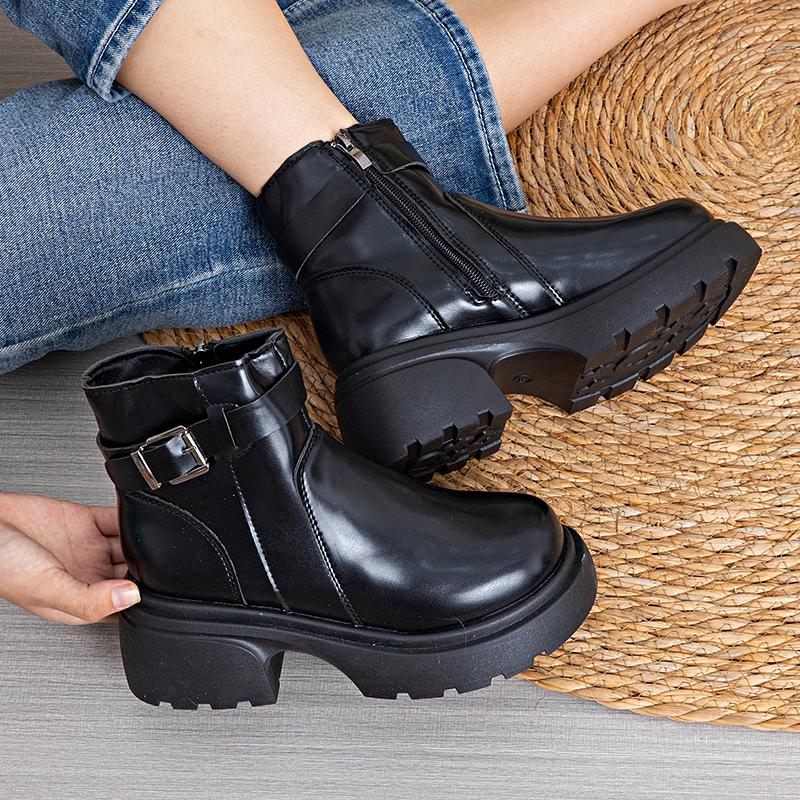 Petite Thick-Soled Women'S Autumn Winter New Chelsea Boots British Style Faux Leather Motorcycle Short Boots With Fleece