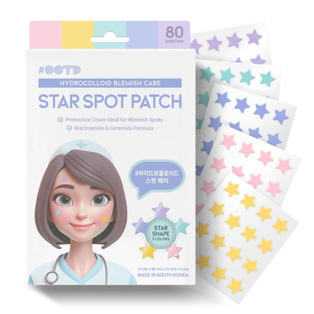 #OOTD Star Spot Patches for Face, Hydrocolloid, Niacinamide, Ceramide, Cute Pastel Colors, Transparent, Made In Korea, 80 Patches