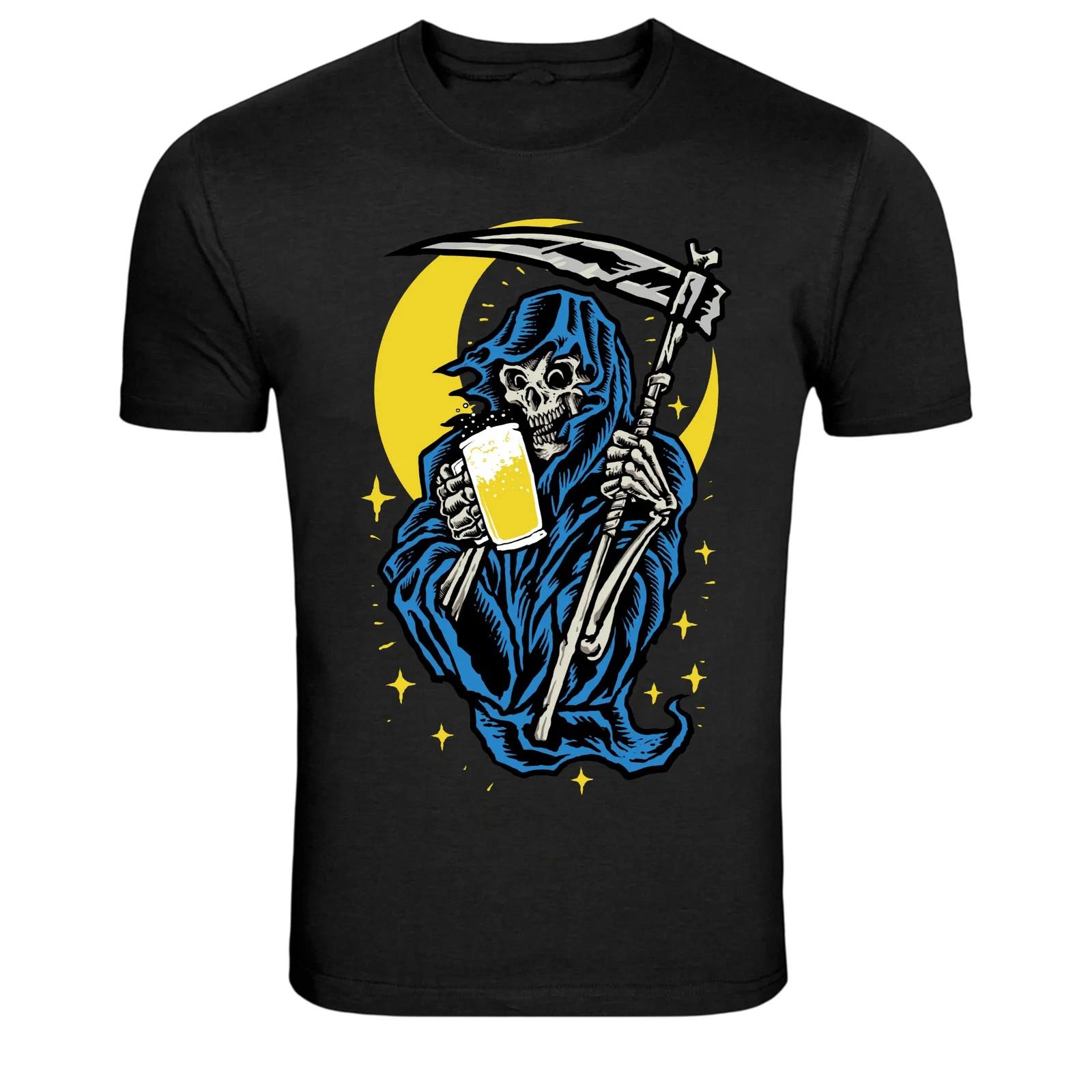 Grim Reaper Drinking Beer Funny Death Graphic T-Shirt S
