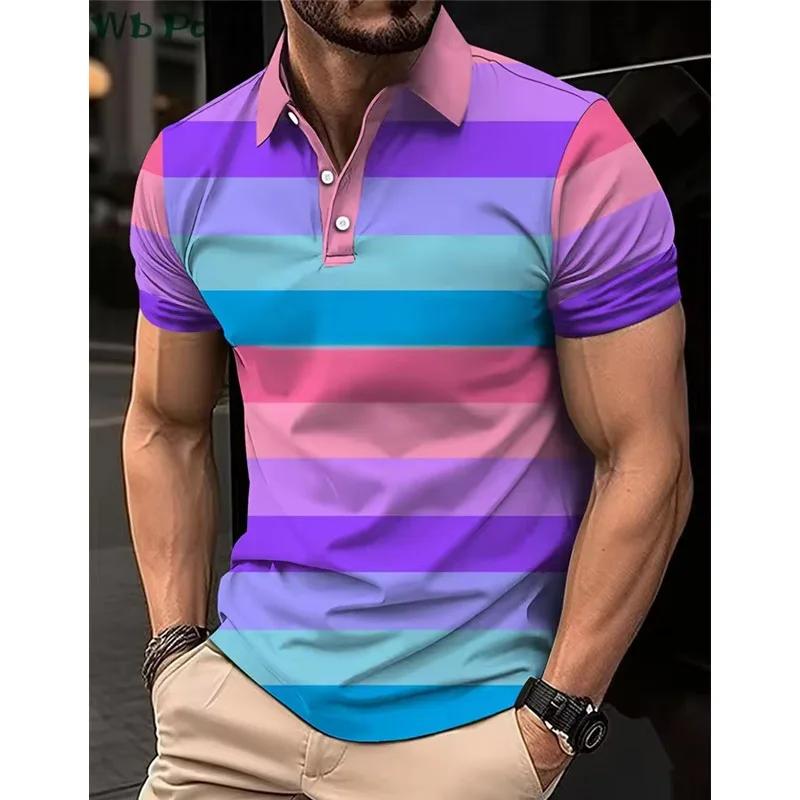 Striped Printed Men's Shirt, Men's Polo Street Men's Clothing, Loose Men's Polo Shirt