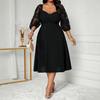 European and American Large-size Summer New Temperament Elegant Square Neck Splicing Waist and Knee Dress
