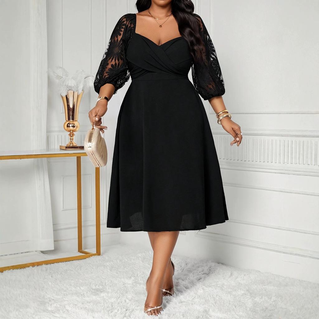 European and American Large-size Summer New Temperament Elegant Square Neck Splicing Waist and Knee Dress