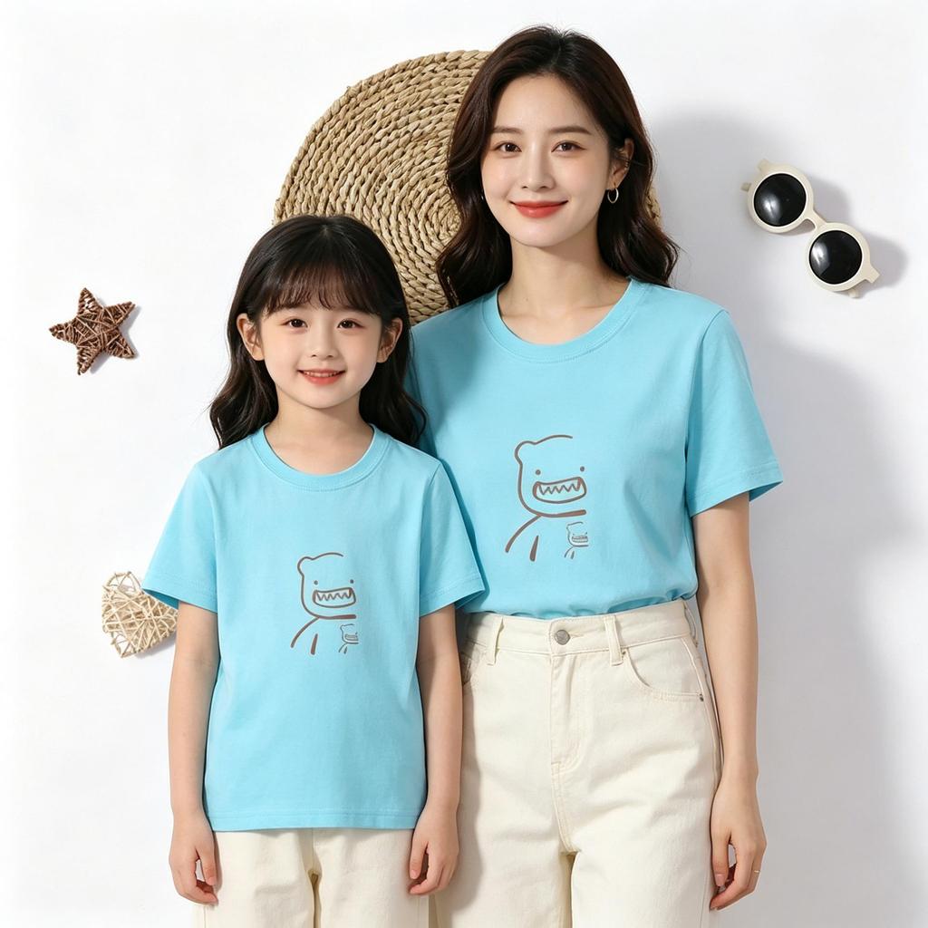 Mother-Daughter Matching Short Sleeve T-shirt - Cute Cartoon Bear Print, 100% Cotton, Round Neck, Loose Fit