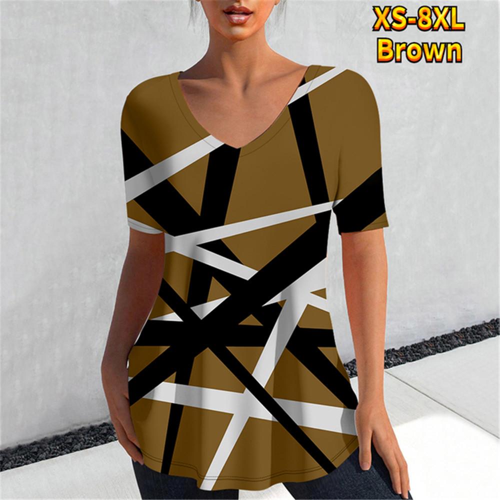 T-skjorte Dame Kontrastfargesøm Digital 3D-trykk Topper Casual T-skjorter Sommer Kort Erm Ny Rund Hals Skjorter Femme