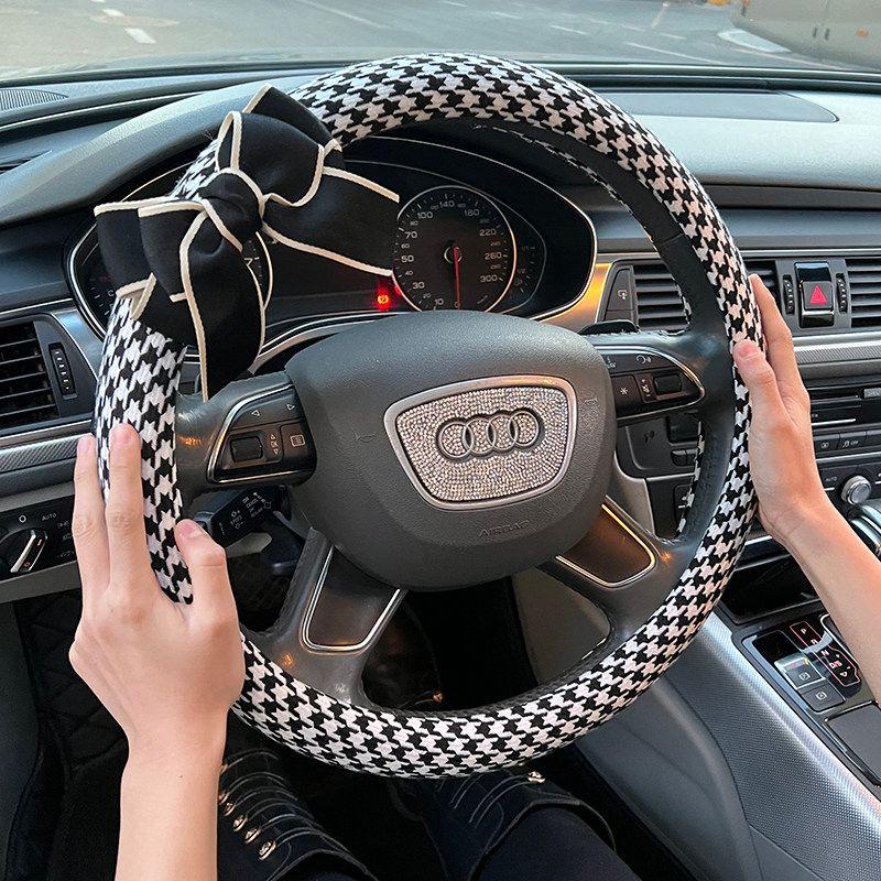 Car Steering Wheel Cover Summer Cotton Linen Breathable Non-Slip Goddess Houndstooth Bow All-Season Universal Handlebar Cover