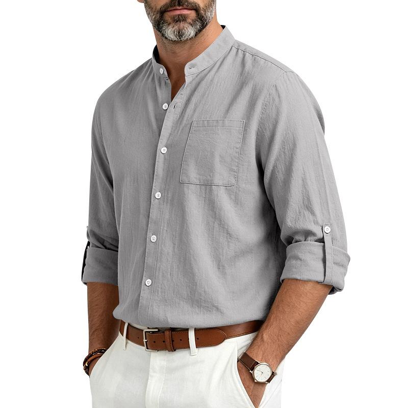 Men S Casual Loose Linen Stand Collar Long Sleeve Shirt